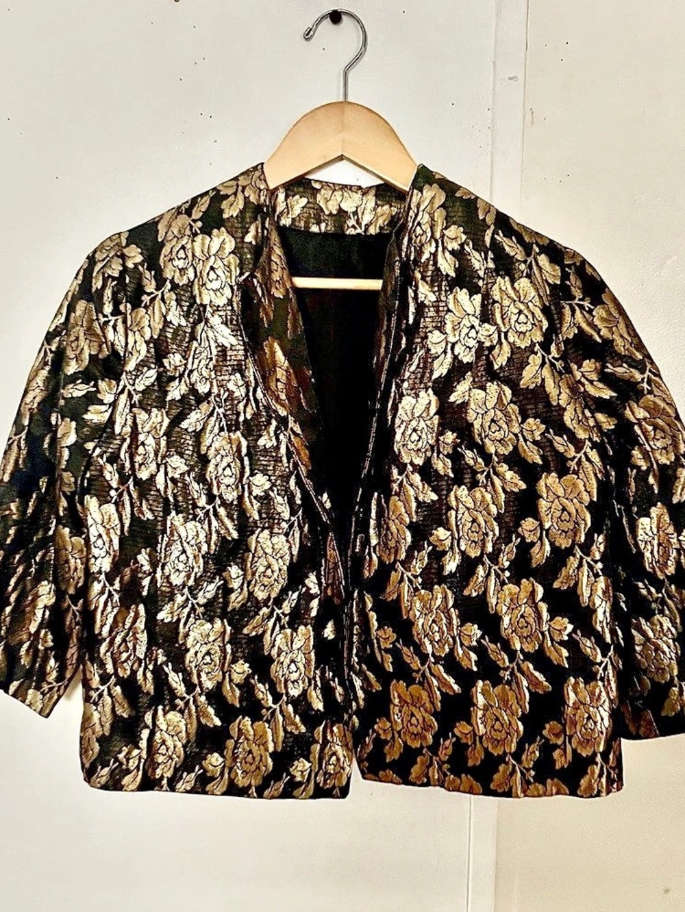 Floral Brocade Cropped Jacket in Black & Gold